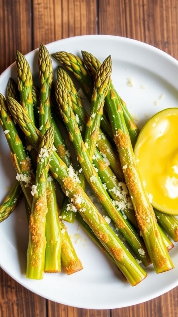 Crispy air-fried asparagus spears with Parmesan cheese on a plate.